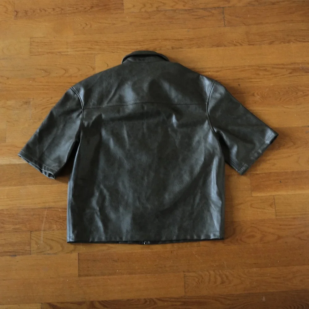 Zara Faux Leather Short Sleeve Jacket Dark Green Zip Up Chest Pocket M Street - Picture 7 of 8